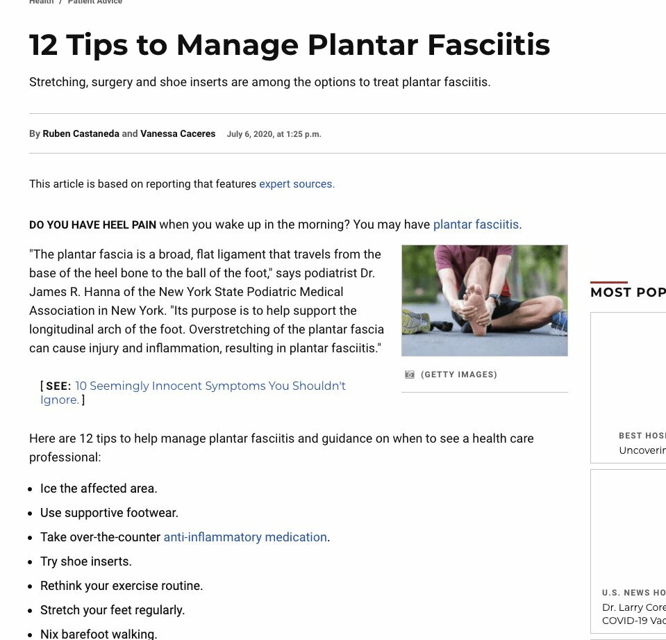 U.S. News & World Report Asks Leading Podiatrist For Tips On Treating Plantar Fasciitis
