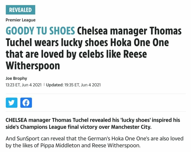 Chelsea manager Thomas Tuchel wears lucky shoes Hoka One One that are loved by celebs like Reese Witherspoon